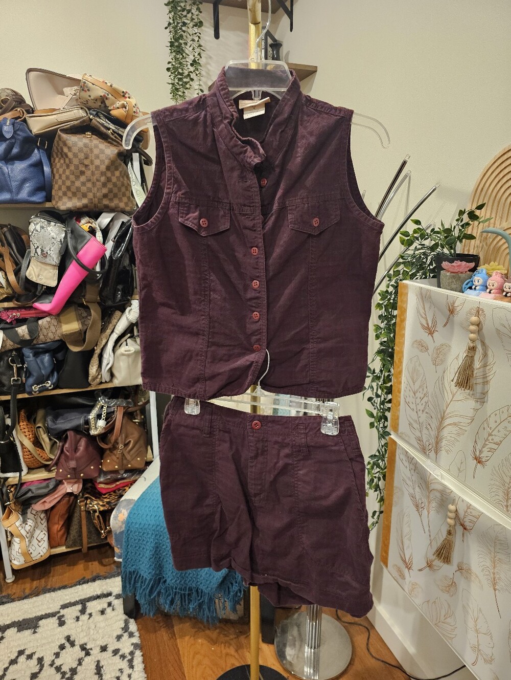 Vintage Women's Plaid Purple/Maroon Sleeveless Top And Shorts Set